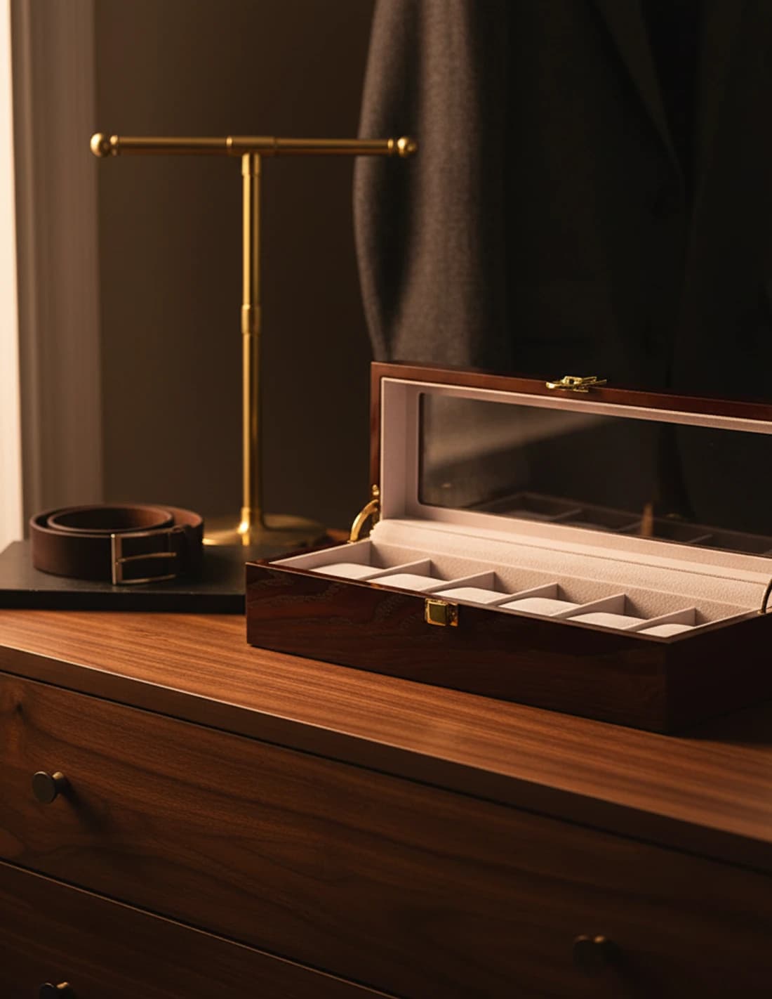 Walnut wood watch box in a gentleman's dressing room