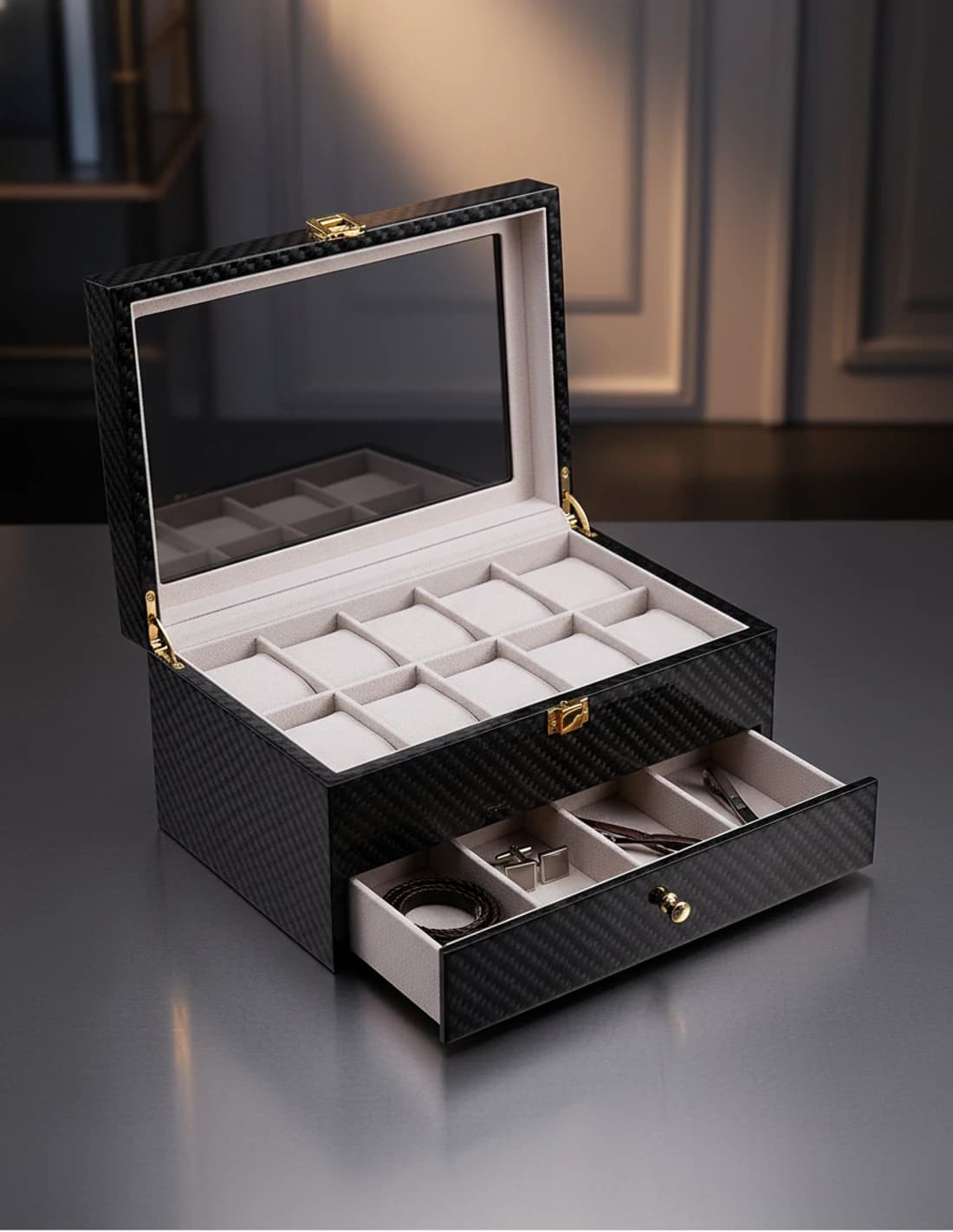 Carbon-effect watch and jewellery case with double drawer