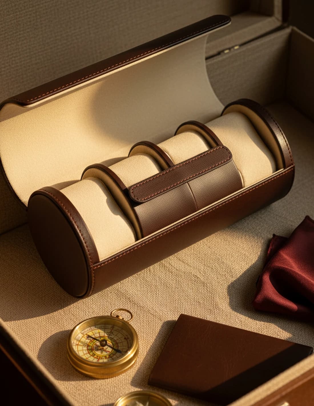 Leather roll case for 3 watches with a vintage compass