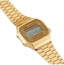 Casio A168WG-9EF bracelet acier inoxydable or fermoir clip profil latéral