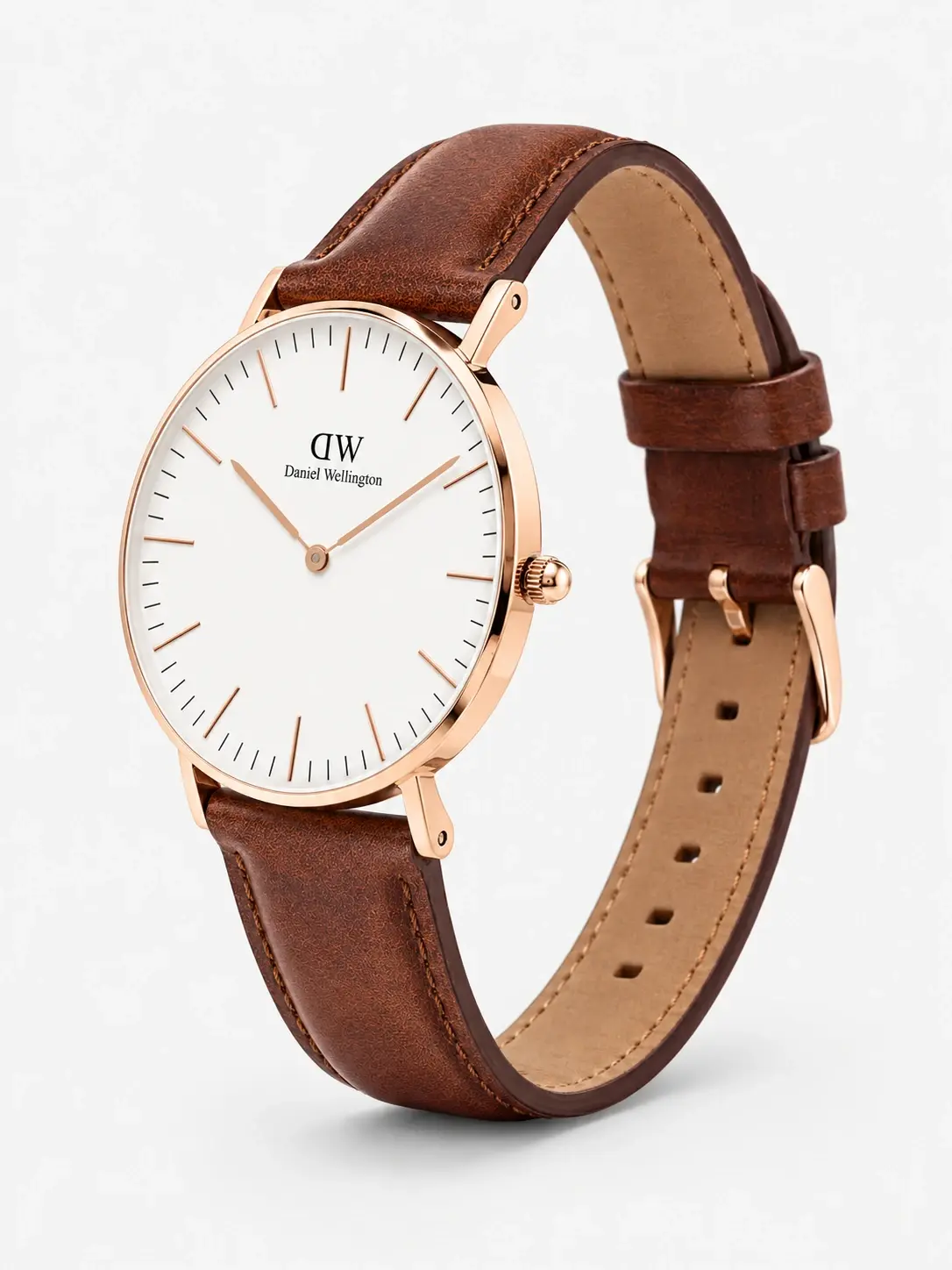 Montre Daniel Wellington DW00100006 homme vue de côté, couronne et boîtier or rose