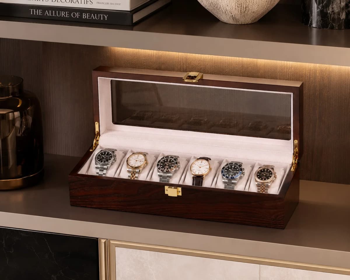 Boîte à montres Gandi marron en bois à 6 compartiments et couvercle vitré vue 2