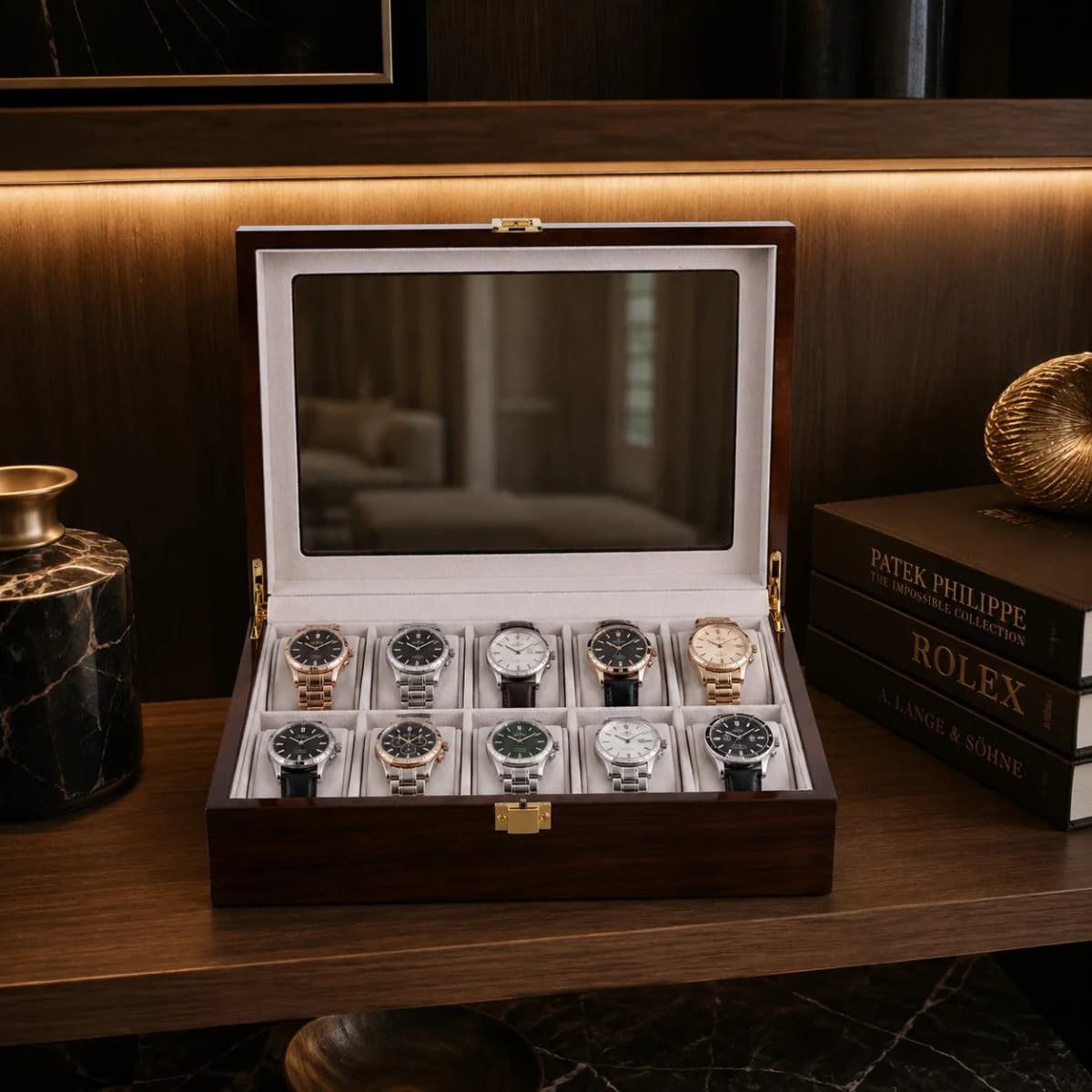 Boîte à montres Gandi marron en bois à 10 compartiments et couvercle vitré vue 2