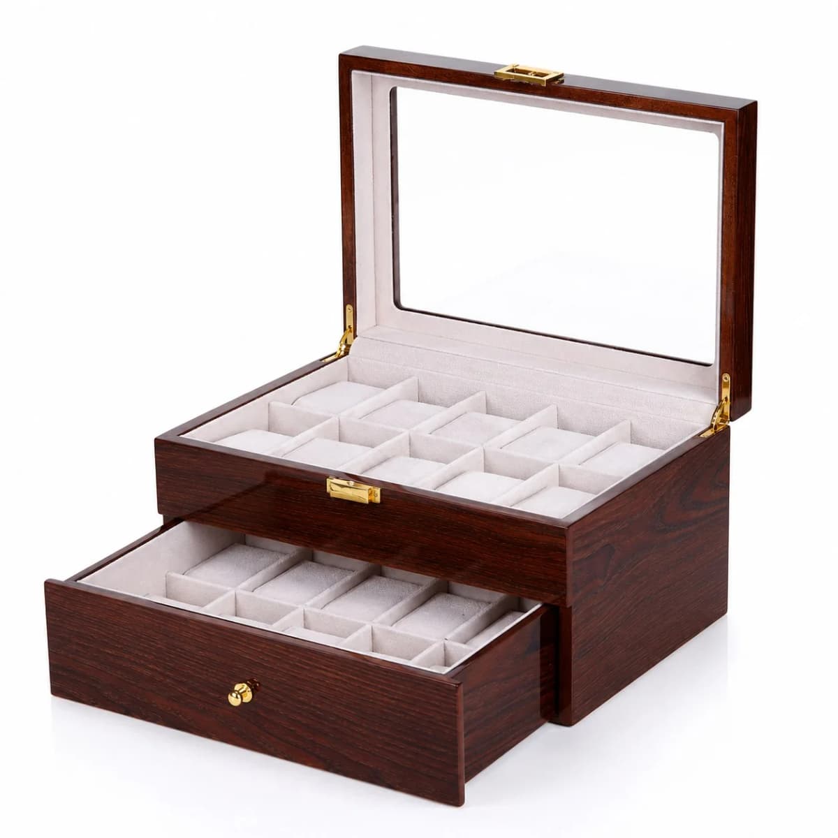 Boîte à montres Gandi marron en bois à 20 compartiments avec tiroir et couvercle vitré
