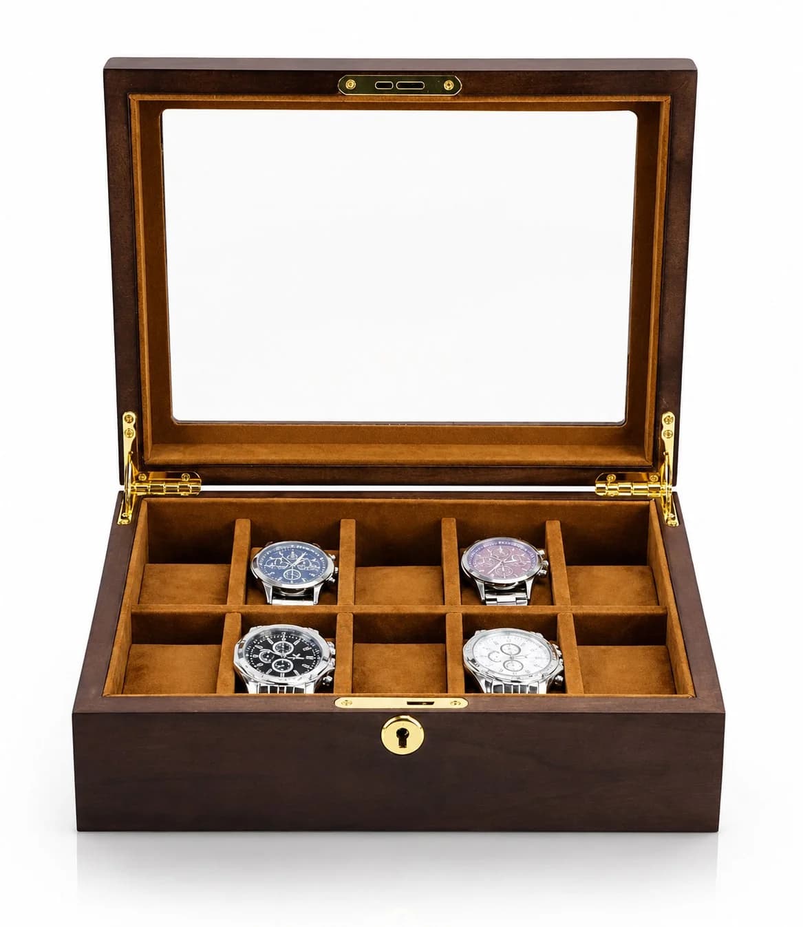 Boîte à montres Ravello noyer à 10 compartiments et couvercle vitré