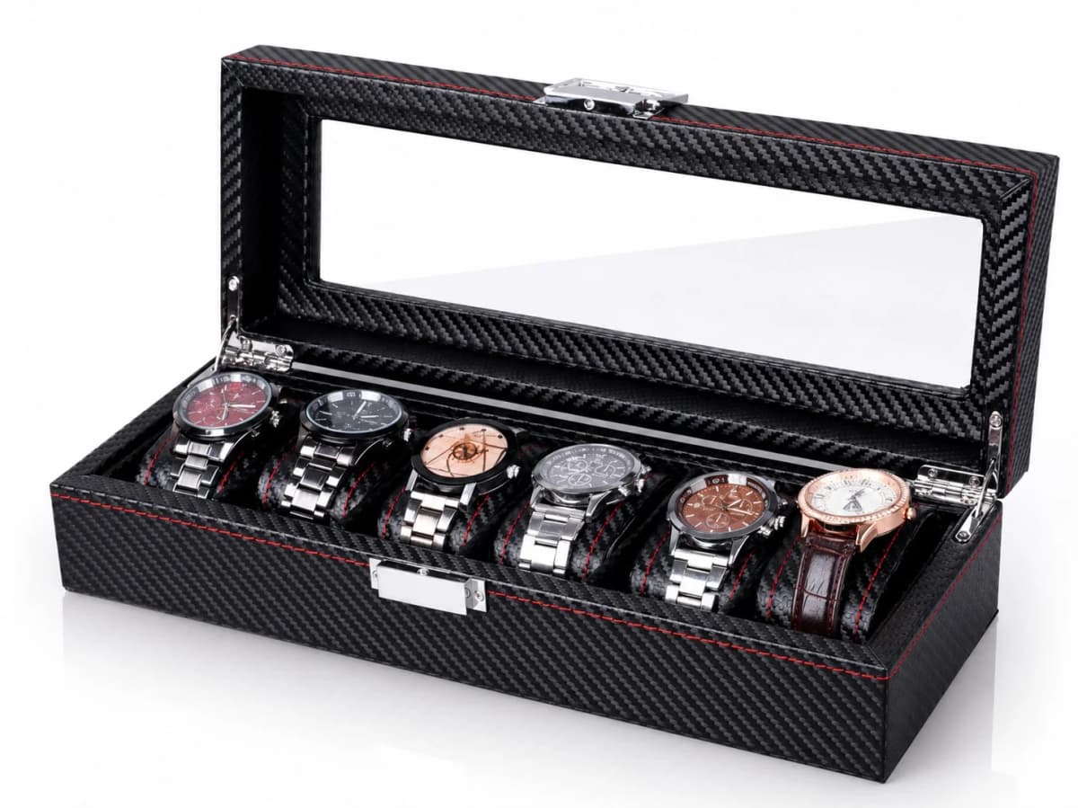 Boîte à montres Monza effet carbone à 6 compartiments et couvercle vitré