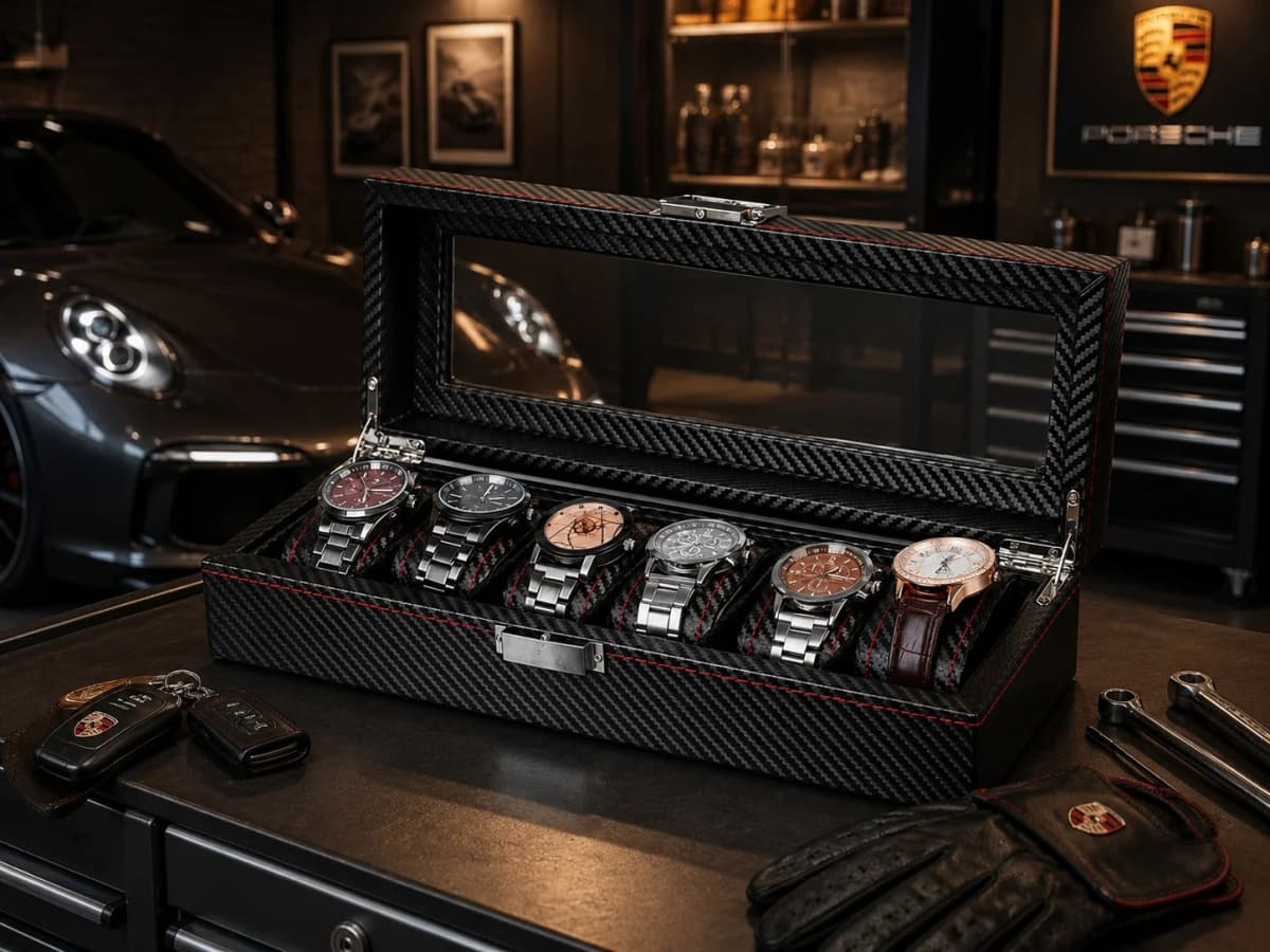 Boîte à montres Monza effet carbone à 6 compartiments et couvercle vitré vue 4
