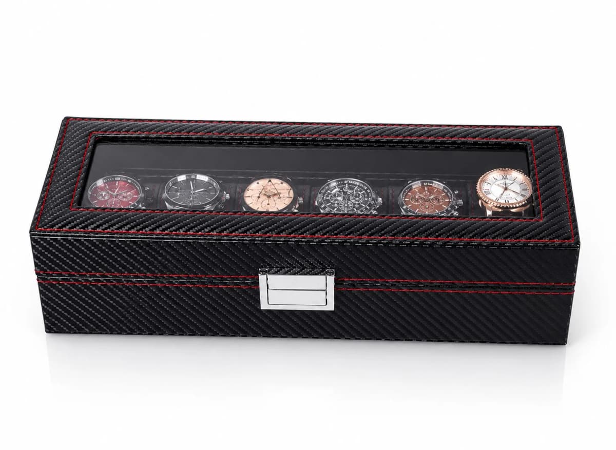Boîte à montres Monza effet carbone à 6 compartiments et couvercle vitré vue 2