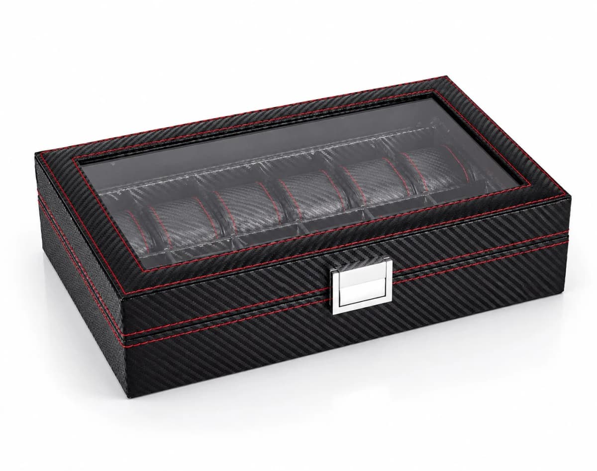 Boîte à montres Monza effet carbone à 10 compartiments et couvercle vitré vue 3