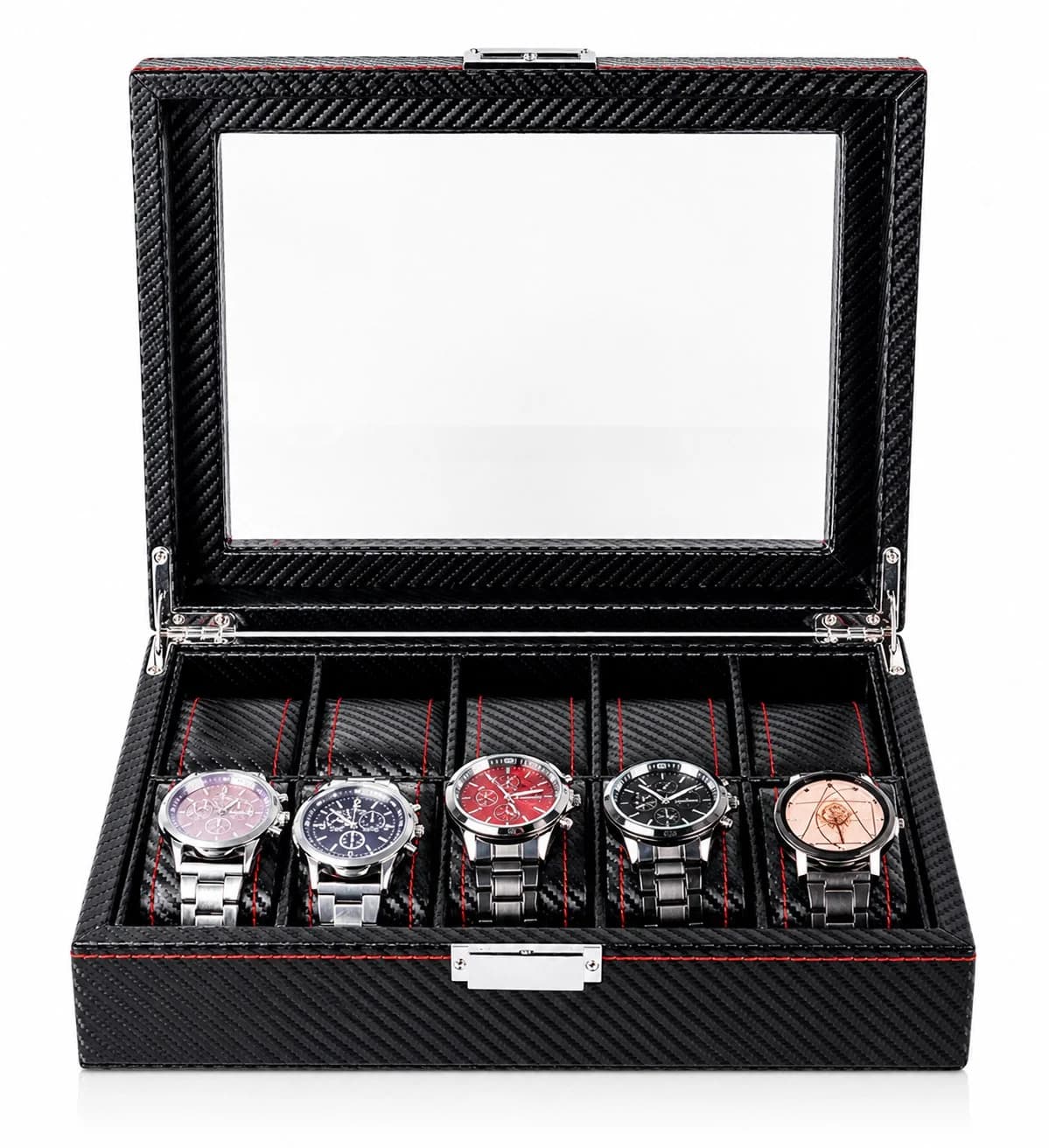 Boîte à montres Monza effet carbone à 10 compartiments et couvercle vitré vue 2