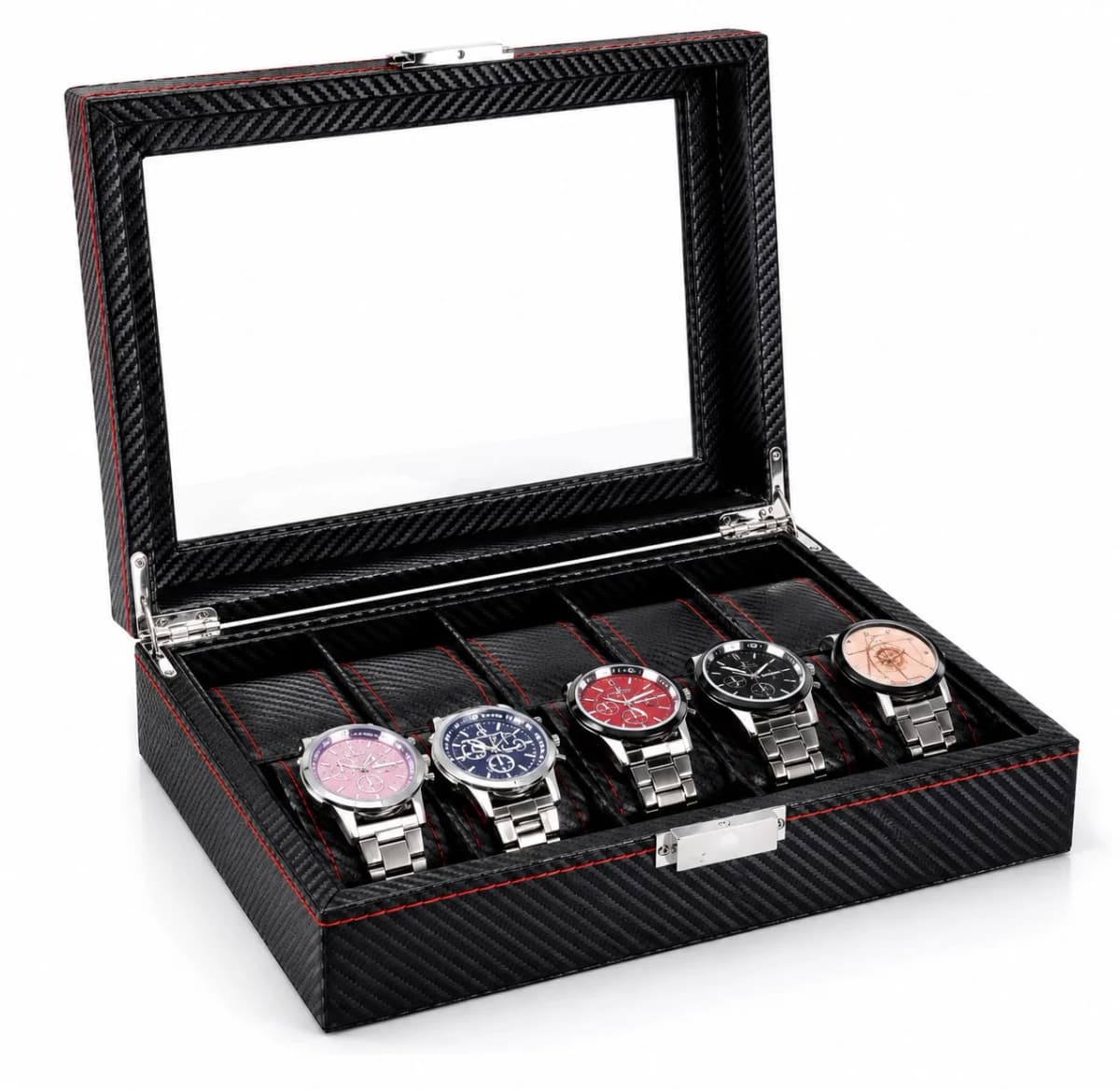 Boîte à montres Monza effet carbone à 10 compartiments et couvercle vitré