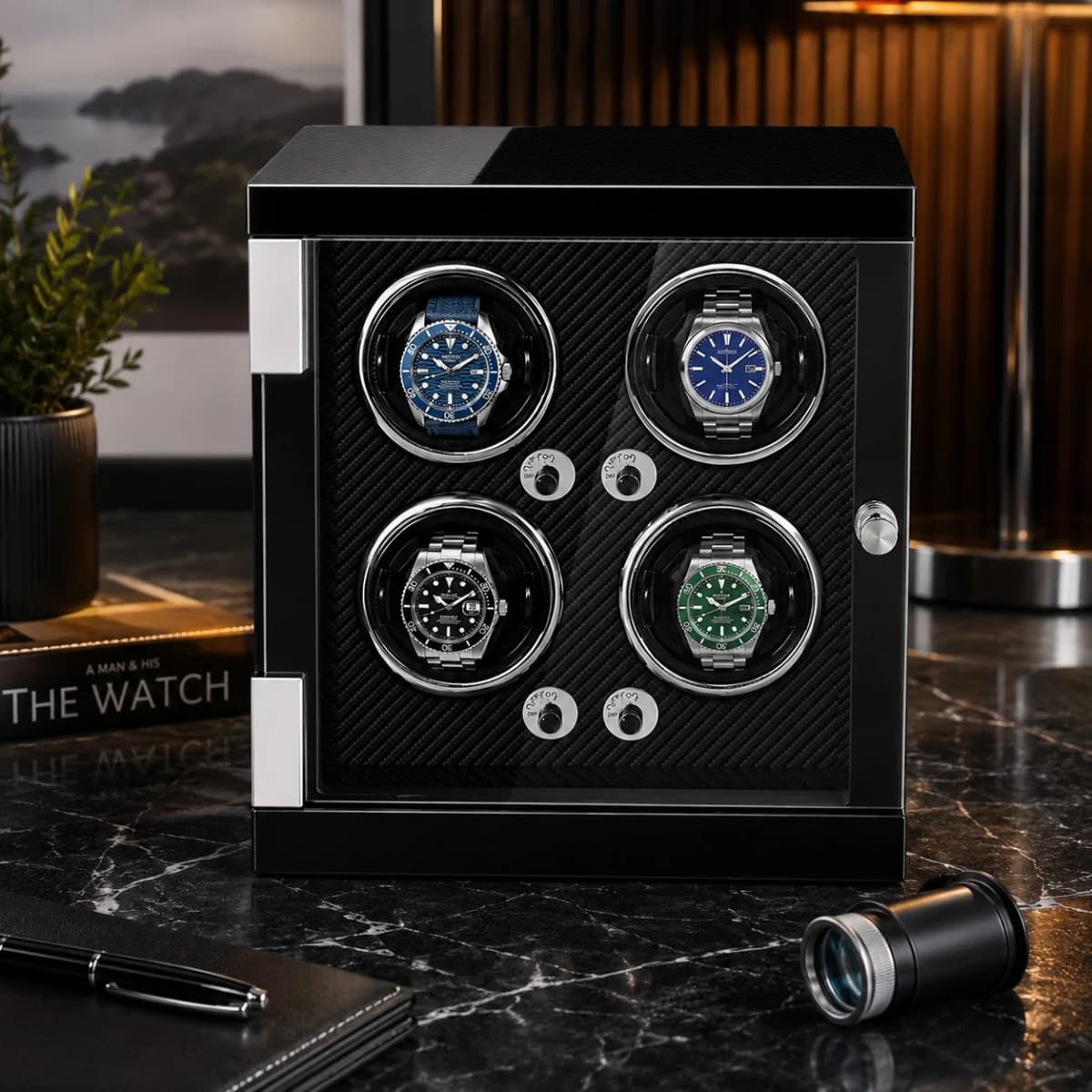 Remontoir à montre automatique Imola noir laqué fibre de carbone 4 montres vue 2