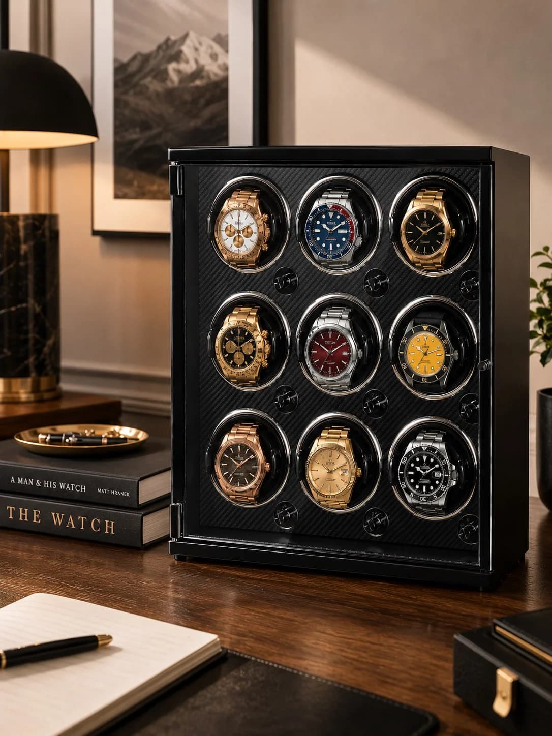 Remontoir à montre automatique Imola noir laqué fibre de carbone 9 montres vue 2