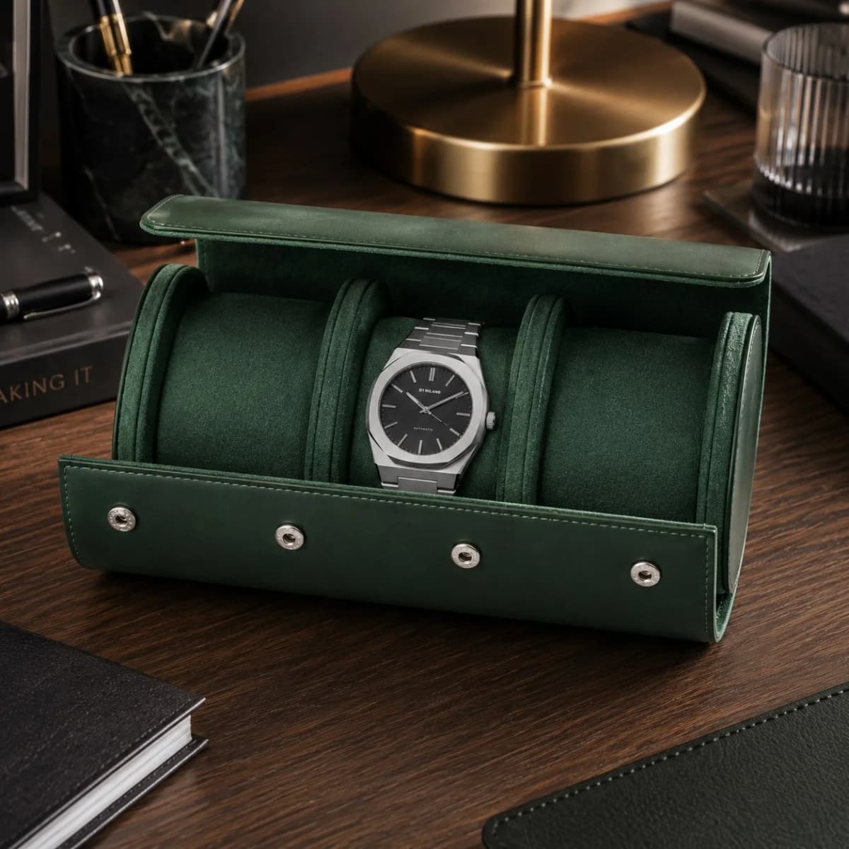 Pochette voyage Trieste verte pour 3 montres, fermeture rabat vue 2