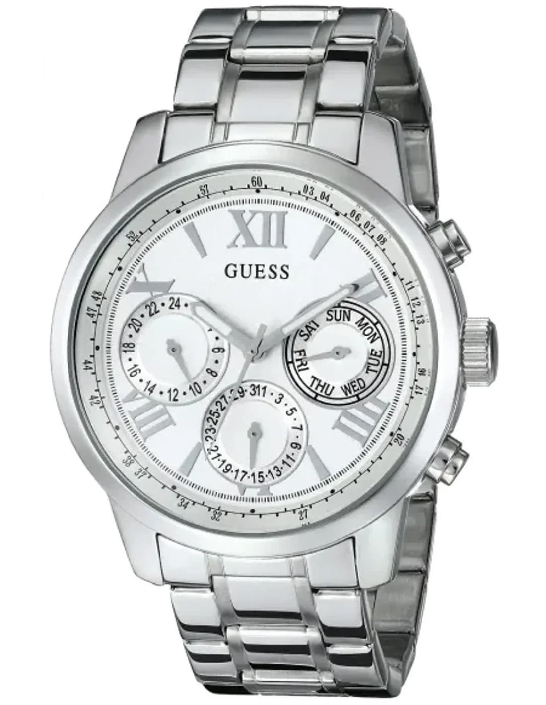 Montre Guess W0330L3 au cadran argenté avec index bâtons et aiguilles lumineuses, style sporty chic