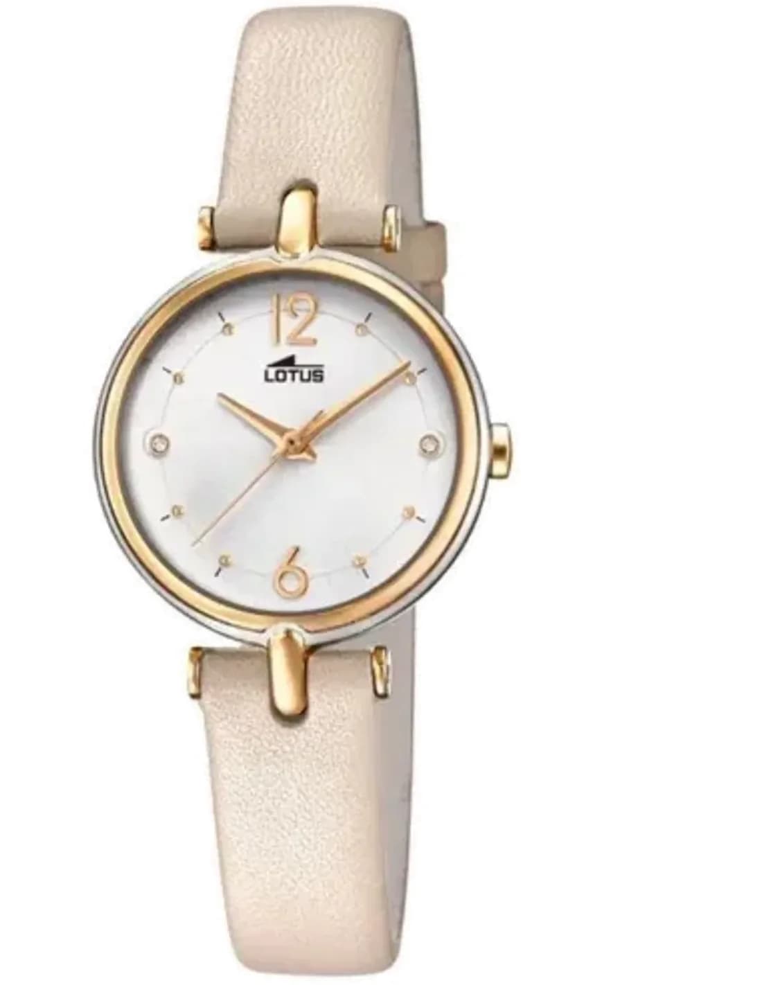 Montre Lotus L18459/1 cadran blanc nacré aux index dorés et aiguilles bâton, style classique chic