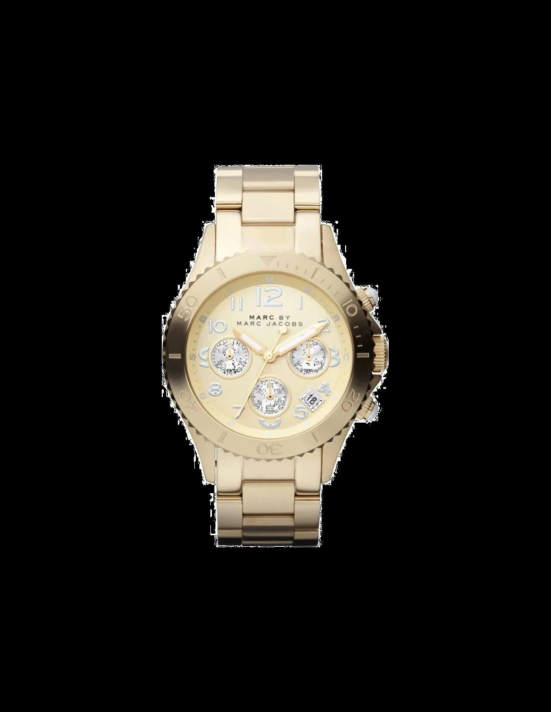 Montre Marc Jacobs MBM3188 avec cadran noir et index dorés, style rock chic