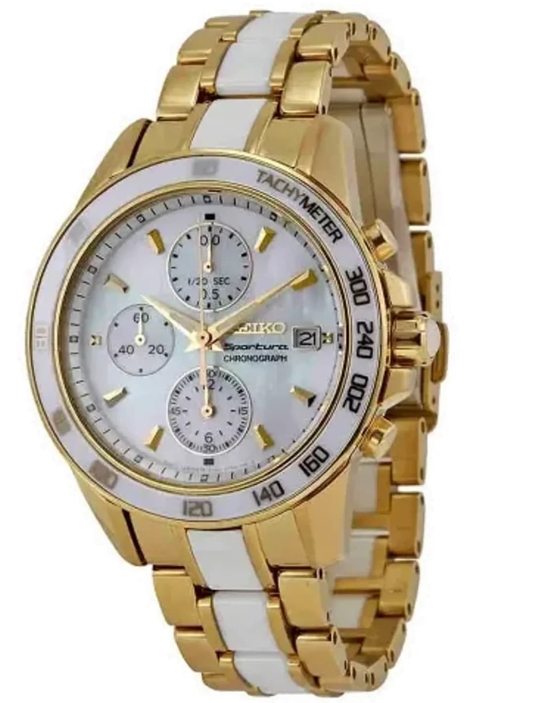 Seiko SNDX02P1 Sportura Gold and White Women's Watch with Tachymetre