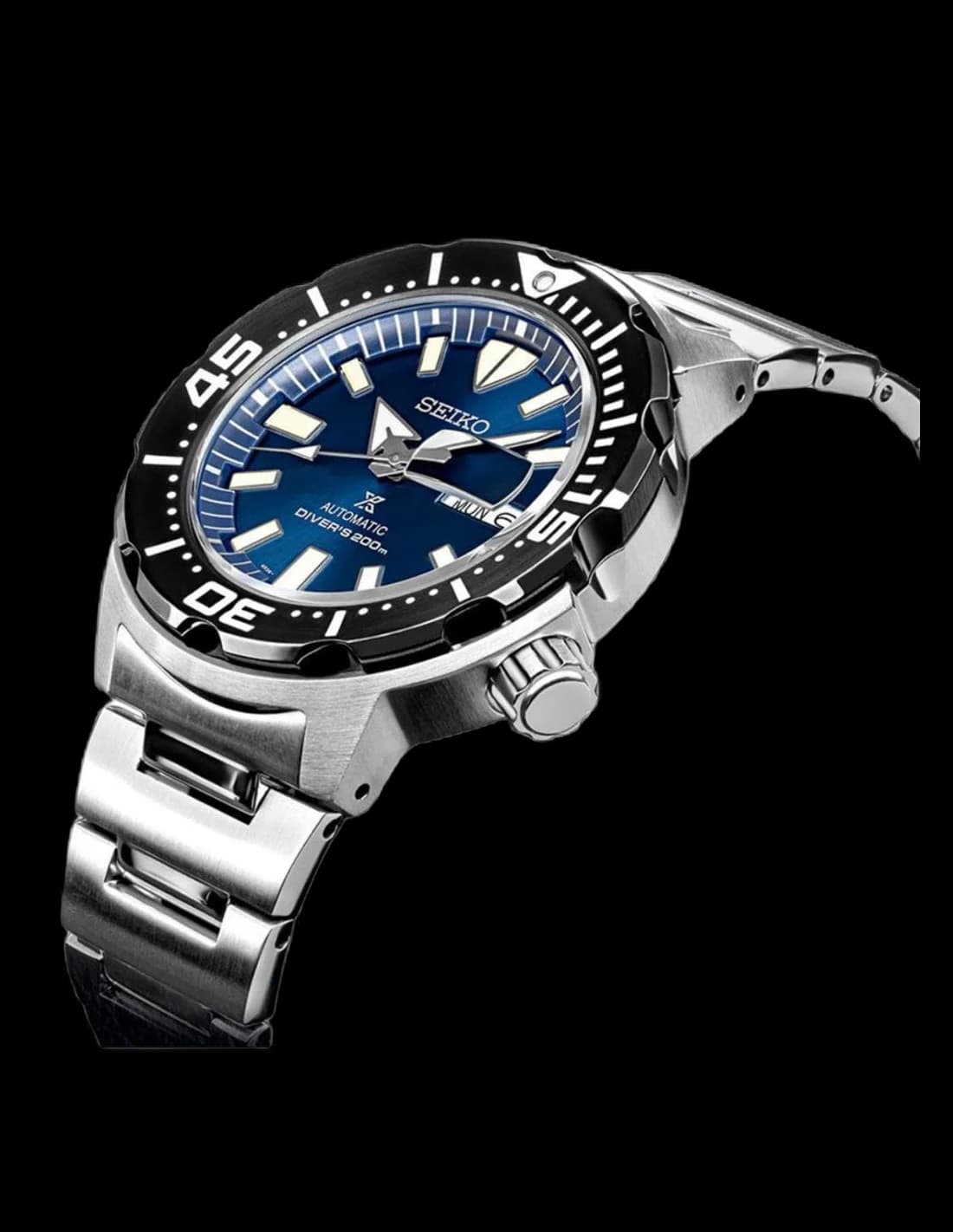 Seiko SRPD25K1 Monster sport bracelet acier argenté profil latéral