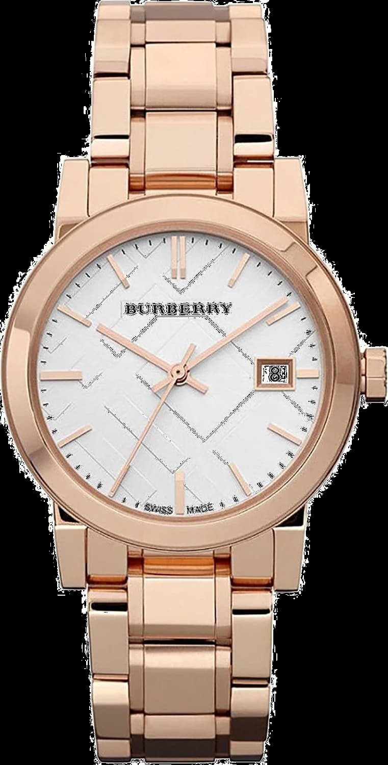 Montre Burberry BU9104 cadran or rose avec index bâtons et logo signature, style chic et décontracté
