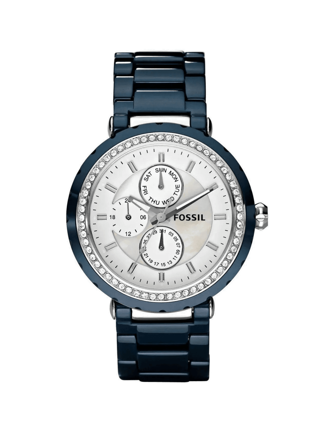 Montre Femme Fossil CE1047 en céramique bleue et acier brillant