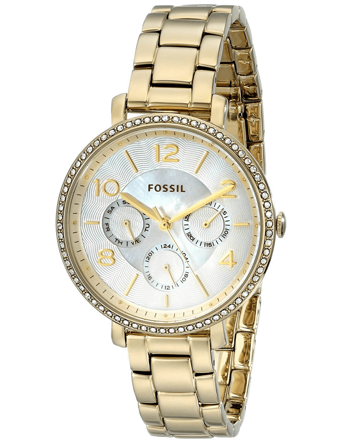 Montre Femme Fossil ES3756 Cadran Nacre et Lunette Cristaux Dorée