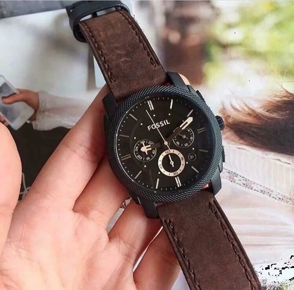 Fossil Machine FS4656 détail bracelet cuir marron boucle vintage
