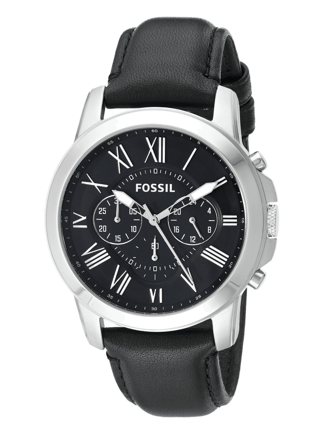 Montre Fossil FS4812 Grant avec Bracelet en Cuir Noir et Cadran Argenté