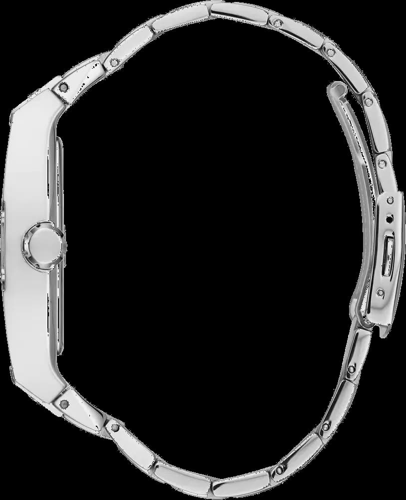 Détail cadran Guess GW0094G1 index baguette et aiguilles bâton, date à 3h, finition micropavée scintillante
