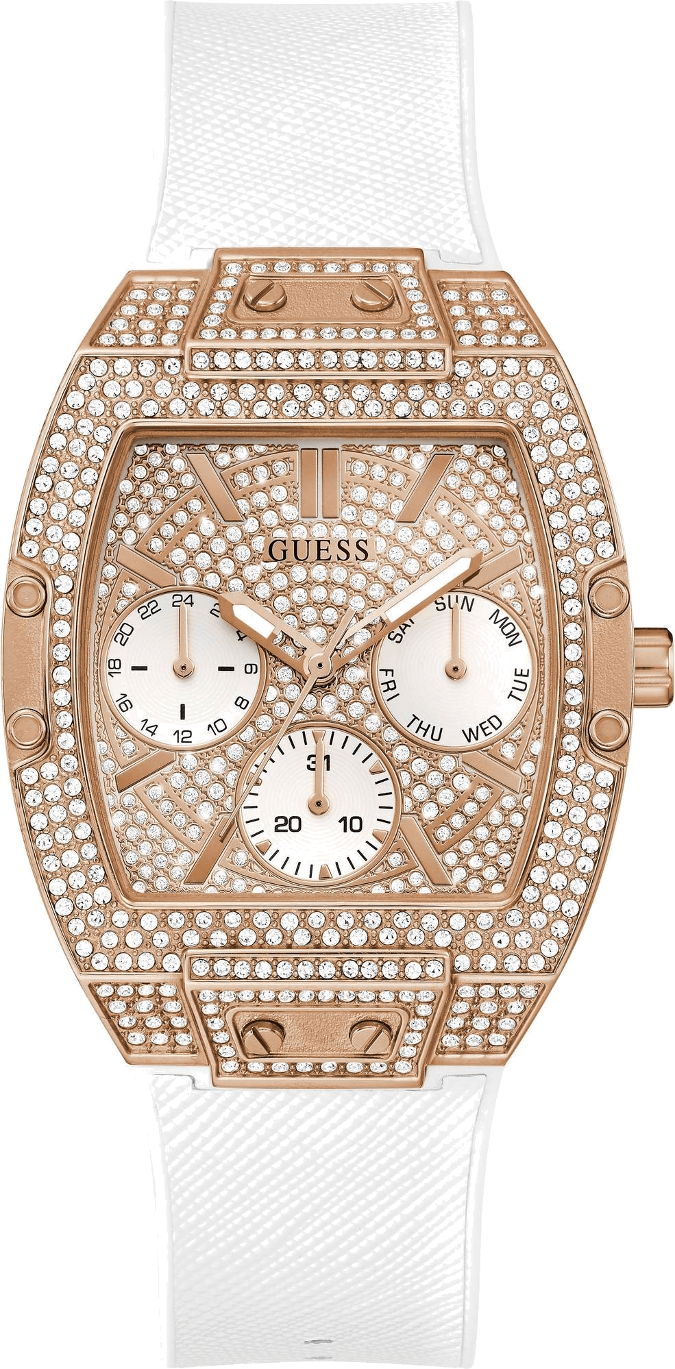 Montre Femme Guess Raven GW0105L3 bracelet silicone blanc boitier or rose orné de strass