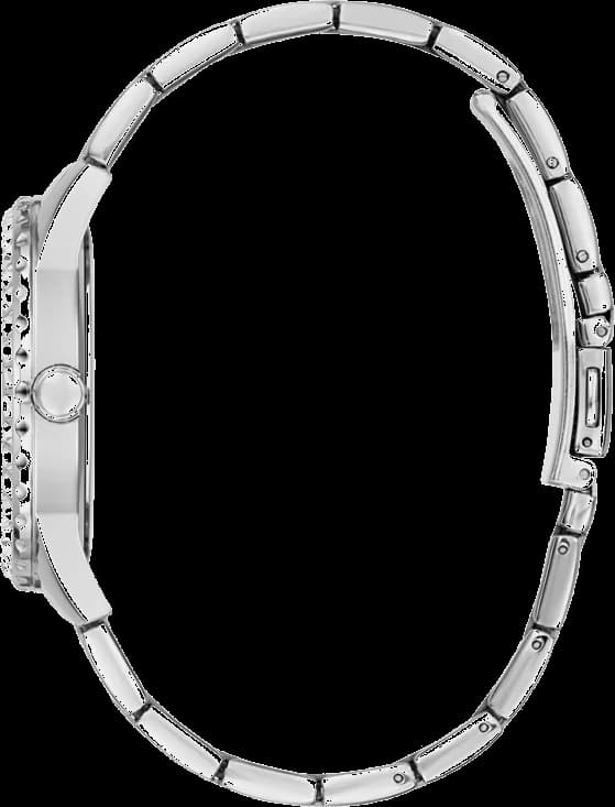 Détail cadran Guess GW0111L1 en argent, chiffres romains, guichet date à 3h et aiguilles luminescentes