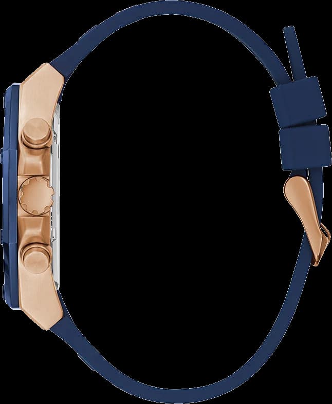 Montre Guess GW0263G2 profil latéral boîtier octogonal or rose bracelet bleu