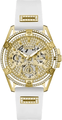 Montre Femme Guess Queen GW0536L2 bracelet silicone blanc boitier doré orné de strass