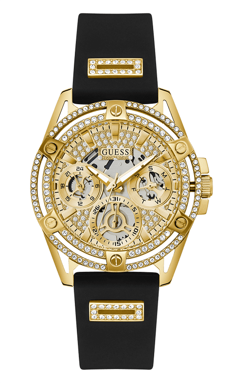 Montre Femme Guess Queen GW0536L3 bracelet silicone noir boitier doré orné de strass