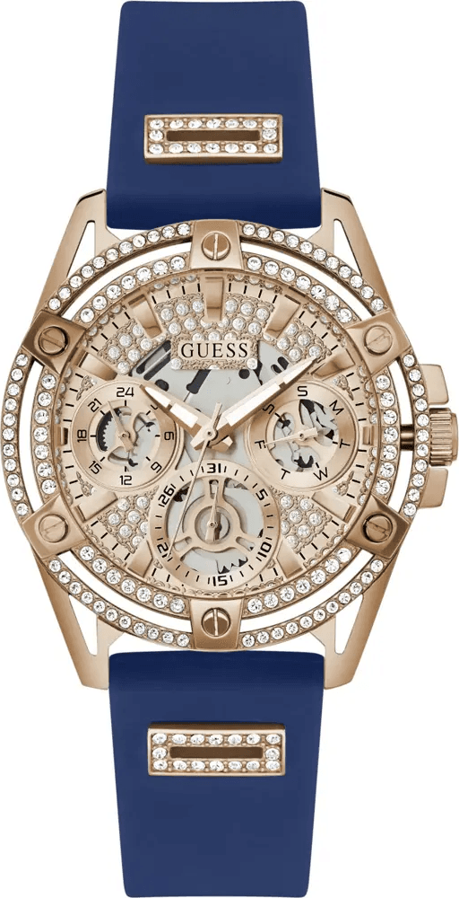 Montre Femme Guess Queen GW0536L5 bracelet silicone bleu boitier or rose orné de strass