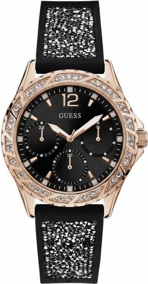 Montre Femme Guess Swirl W1096L5 Silicone Noir Cristaux Rose Gold