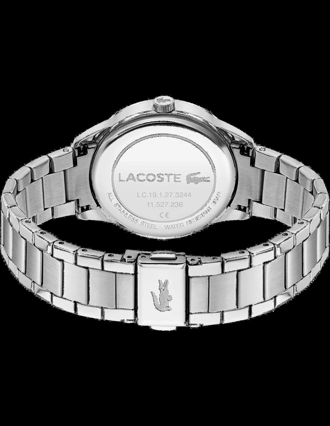 Détail cadran Lacoste 2001173 avec index appliques et aiguilles bâtons, date à 3h, contraste rose et argent