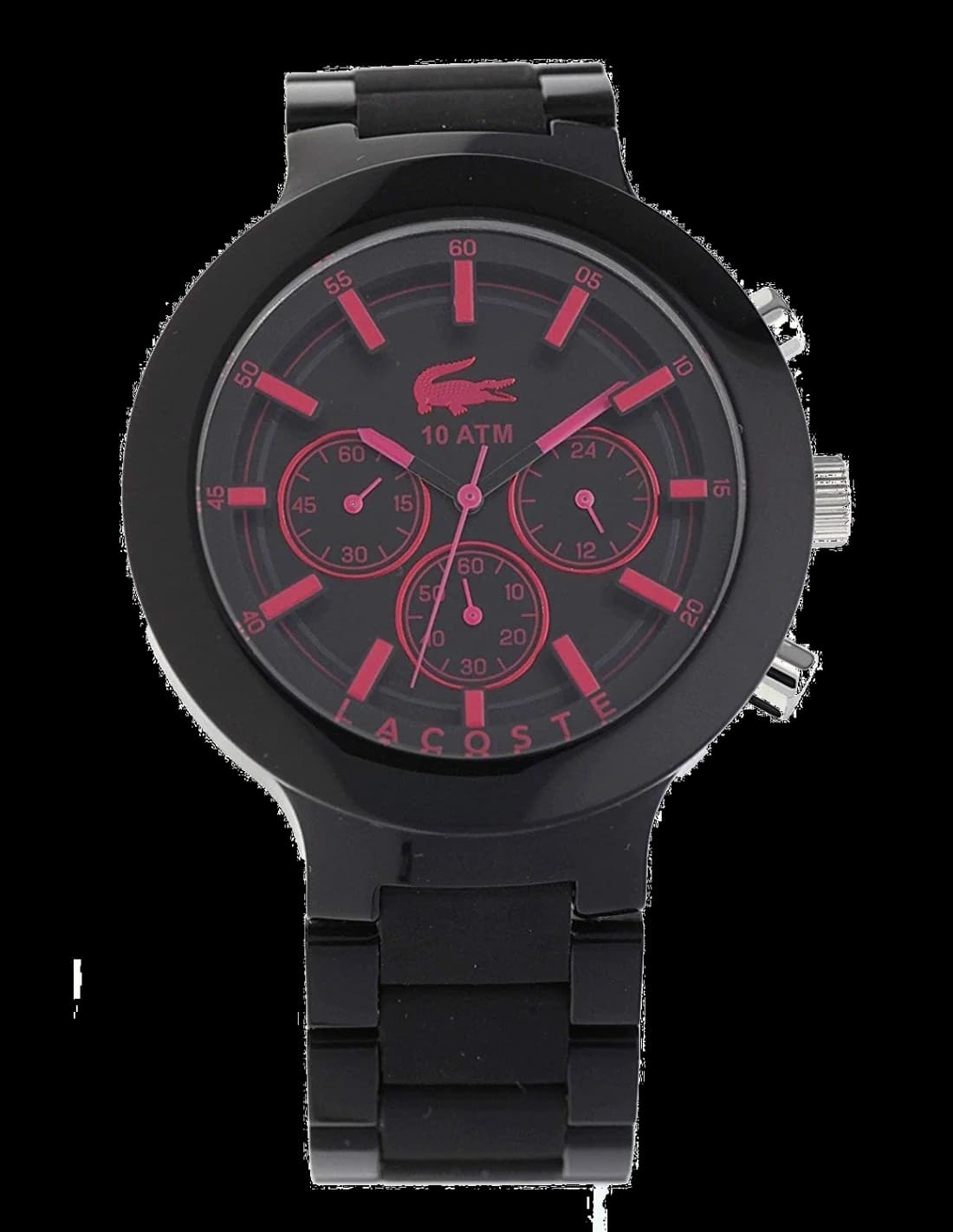 Montre Lacoste 2010771 au cadran noir soleil, index bâtons argentés et aiguilles luminescentes style sport chic