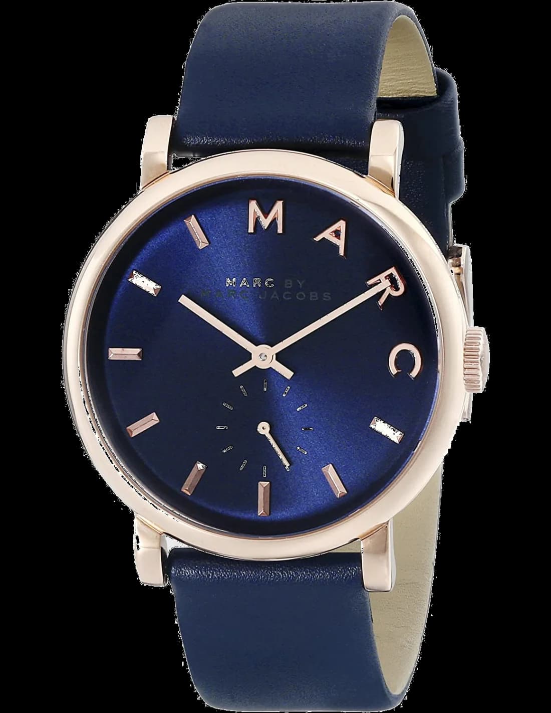Montre Marc Jacobs MBM1329 au cadran blanc, index noirs et aiguilles bleues, style décontracté chic