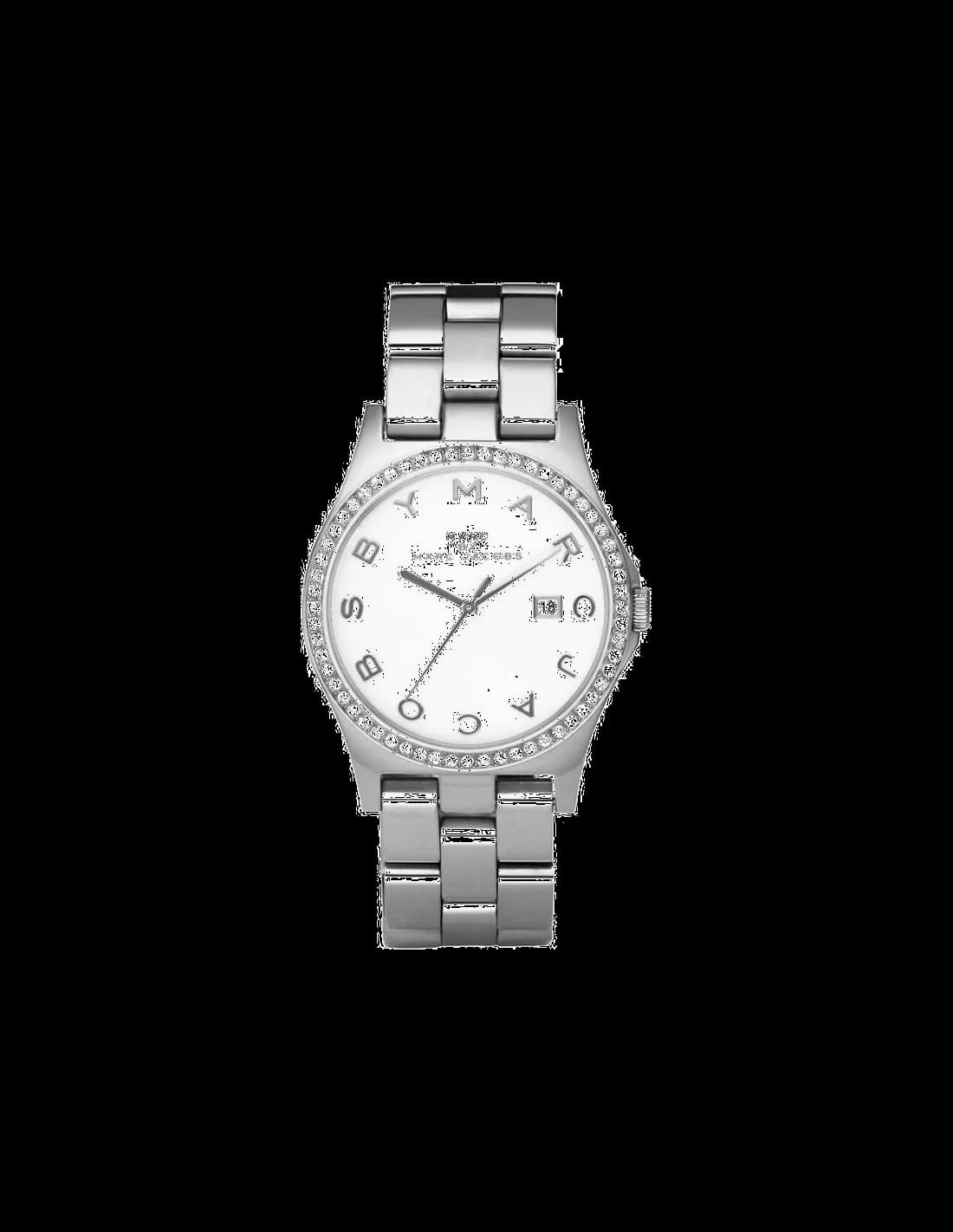 Montre Marc Jacobs MBM3044 cadran argenté rayé soleil, aiguilles bâton, date à 3h, lunette strassée scintillante