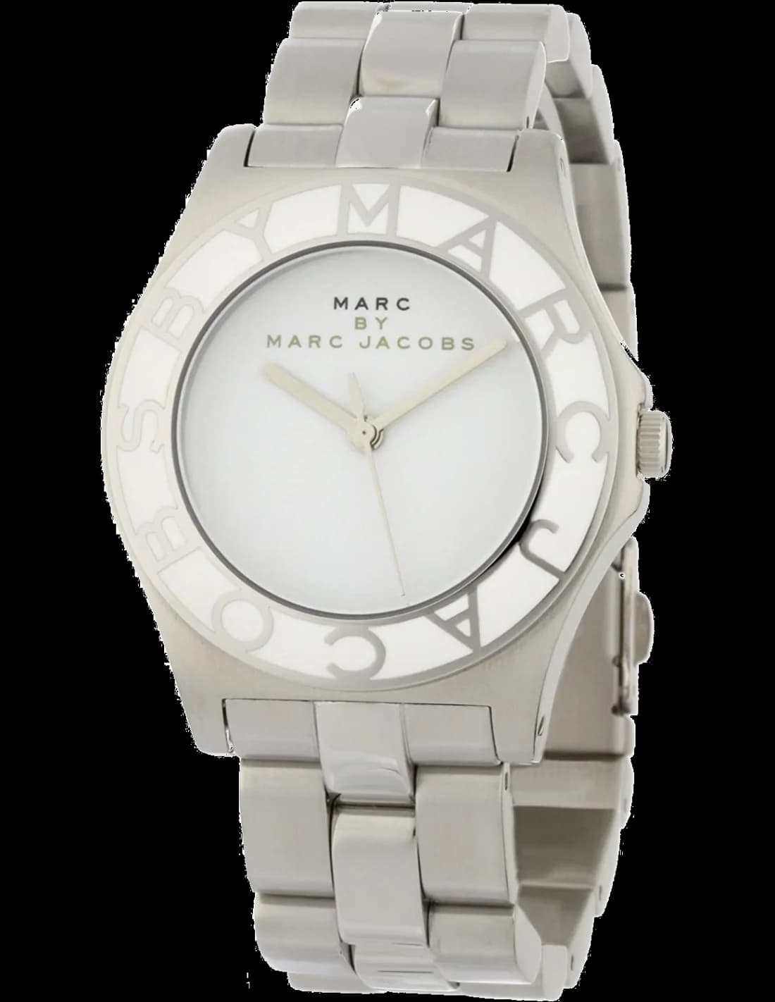 Montre Marc Jacobs MBM3048 au cadran blanc et aiguilles argentées, style minimaliste chic