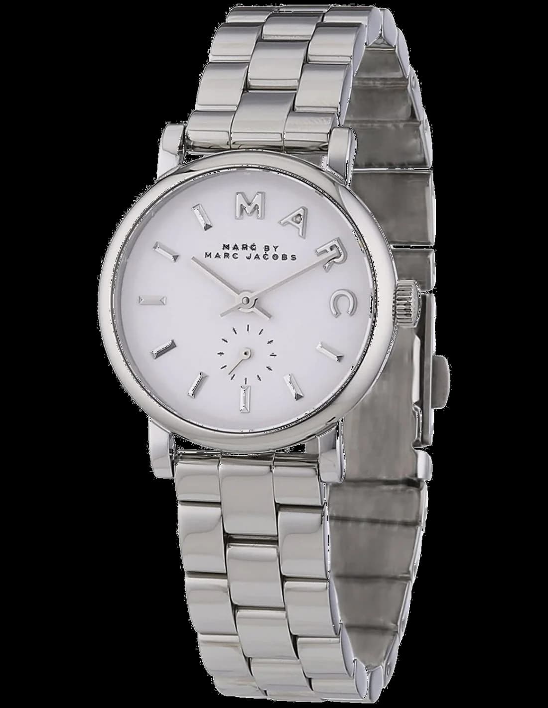 Montre Marc Jacobs MBM3246 cadran blanc, 3 aiguilles, index bâtons, style minimaliste chic