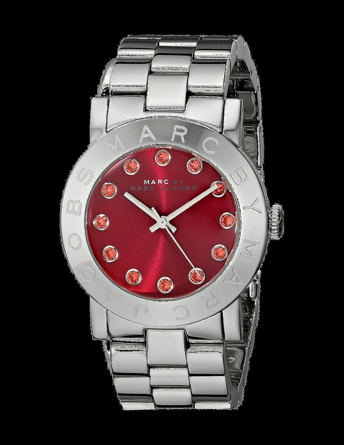 Montre Marc Jacobs MBM3333 avec cadran rouge vif, aiguilles argentées et cristaux scintillants sur les index