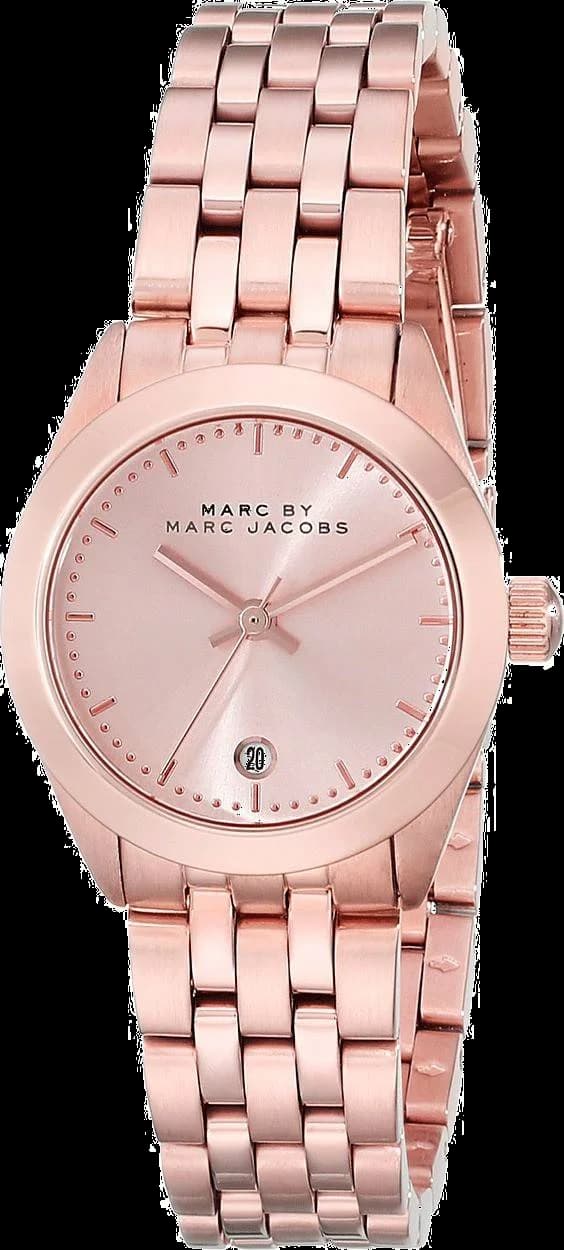 Montre Marc Jacobs MBM3374 au cadran blanc nacré, aiguilles dorées et index bâton, style élégant et minimaliste