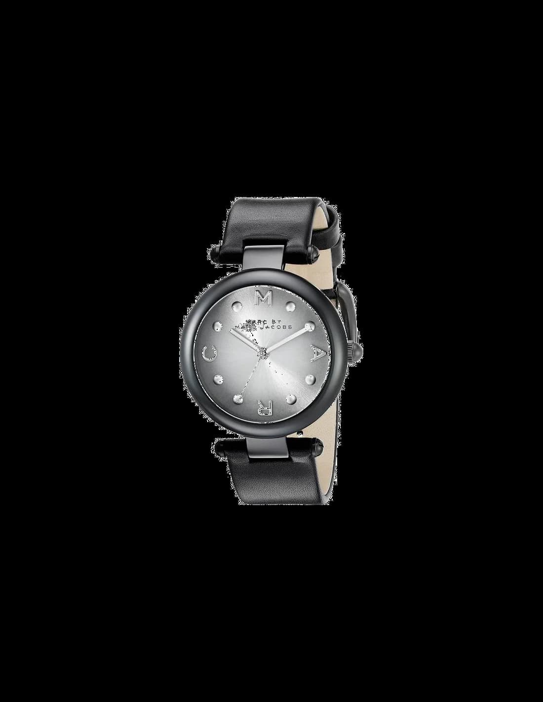 Montre Marc Jacobs MJ1410 au cadran noir épuré, aiguilles argentées et index bâtons, style chic minimaliste