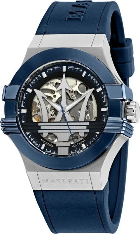 Montre automatique Maserati Potenza R8821108028 cadran squelette bracelet silicone bleu