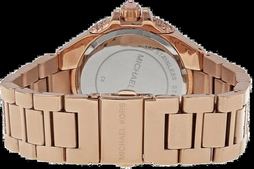 Gros plan cadran Michael Kors MK5862 index bâtons cristaux pavage or rose