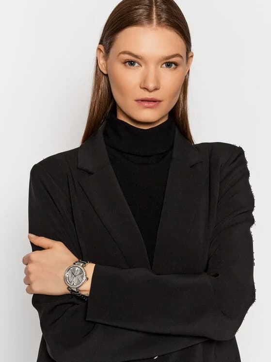 Profil boîtier Michael Kors MK6658 en acier inoxydable argenté, lunette lisse et cornes brossées