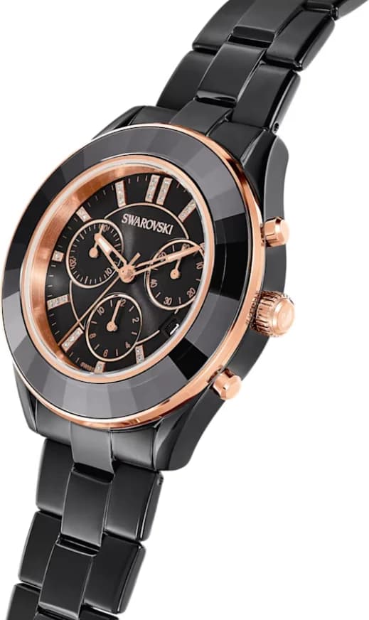 Détail cadran Swarovski 5610472 compteurs chronographe 30 minutes et 12 heures, logo Swarovski appliqué sous 12h