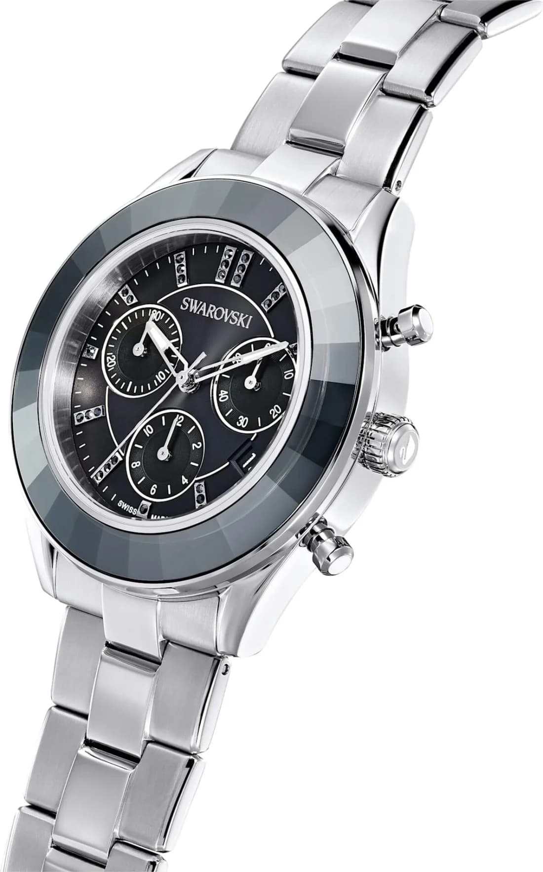 Détail cadran Swarovski 5610520 phase de lune et compteur date à 6h, cristaux Swarovski